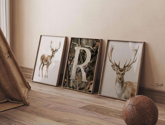 Buck Deer Camo Nursery Art - Personalized Boy Name Prints (Set of 3)