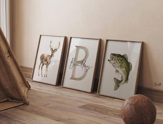 Deer & Bass Fish Nursery Wall Art – Personalized Hunter Fisherman Prints for Boys (Set of 3)