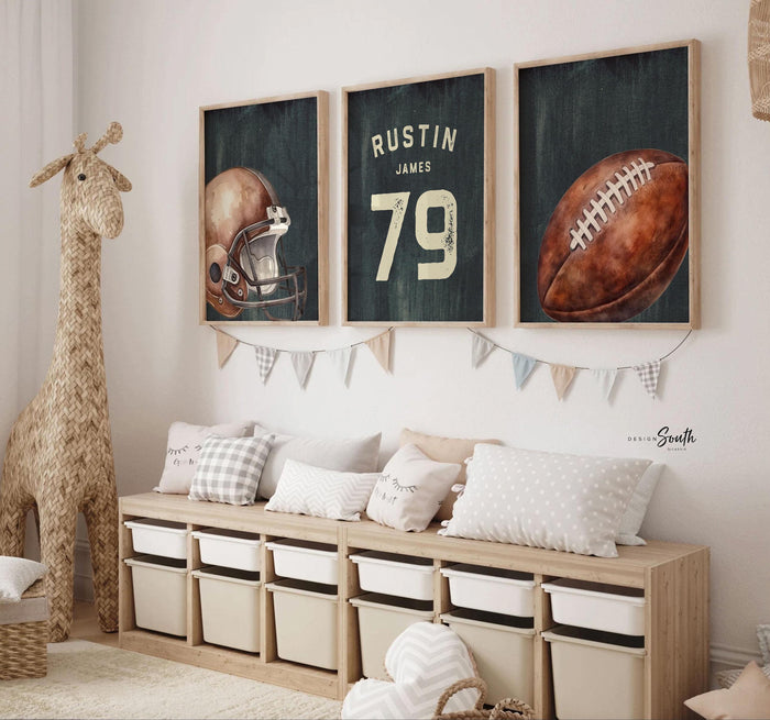 Custom Jersey Number Sports Prints for Boys Room, Vintage Football Wall Decor, Baby Boy Football Nursery Wall Art (Set of 3)