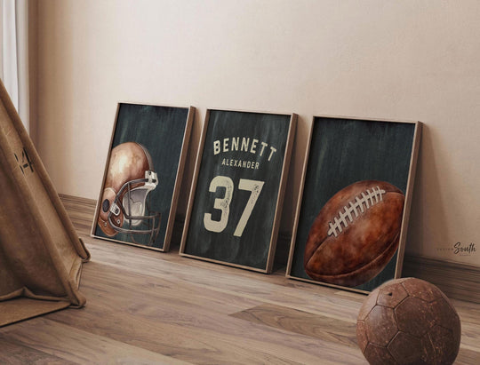 Custom Jersey Number Sports Prints for Boys Room, Vintage Football Wall Decor, Baby Boy Football Nursery Wall Art (Set of 3)