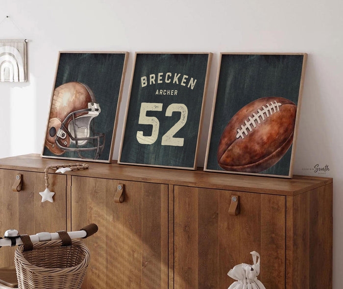 Custom Jersey Number Sports Prints for Boys Room, Vintage Football Wall Decor, Baby Boy Football Nursery Wall Art (Set of 3)