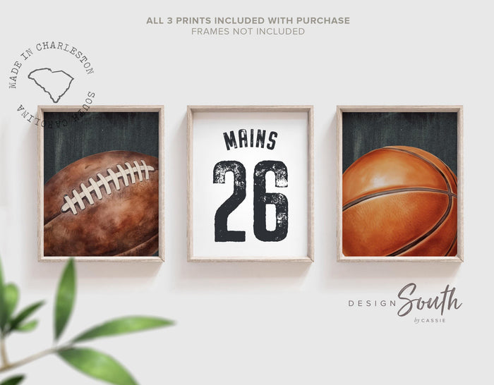 Custom Football Basketball Jersey Number Prints, Vintage Sports Nursery Wall Art (Set of 3)