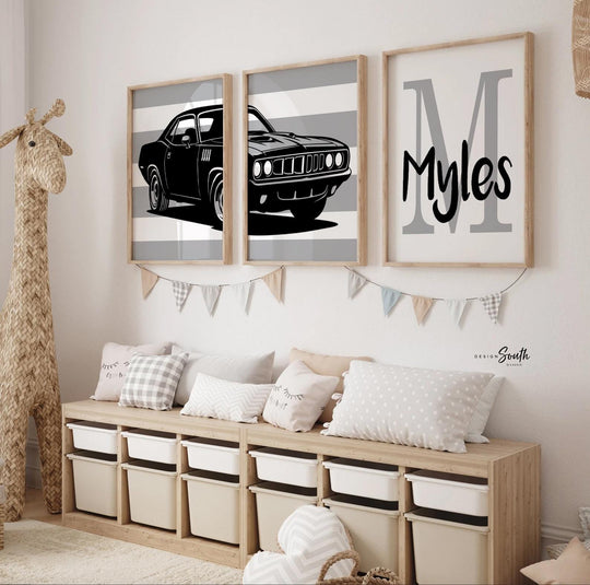 1971 Plymouth Barracuda Nursery Prints Set of 3 – Black Gray Muscle Car Wall Art, Personalized Boy Name Initial, Diptych Style