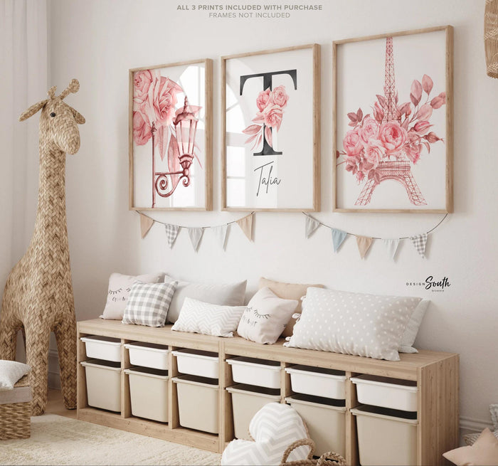 Pink Paris Nursery Prints Set of 3 – Eiffel Tower Floral Wall Art, Monogram Name Initial, Romantic Girls Room Decor