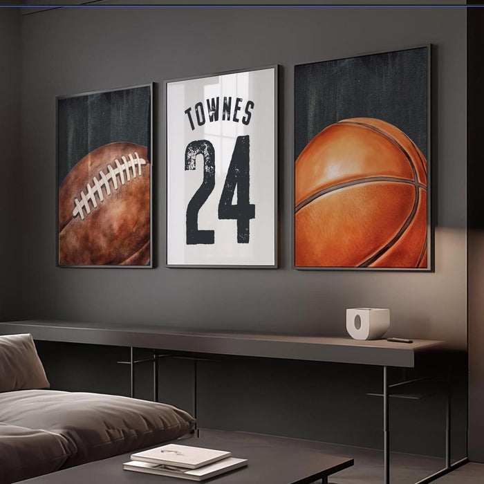 Custom Football Basketball Jersey Number Prints, Vintage Sports Nursery Wall Art (Set of 3)