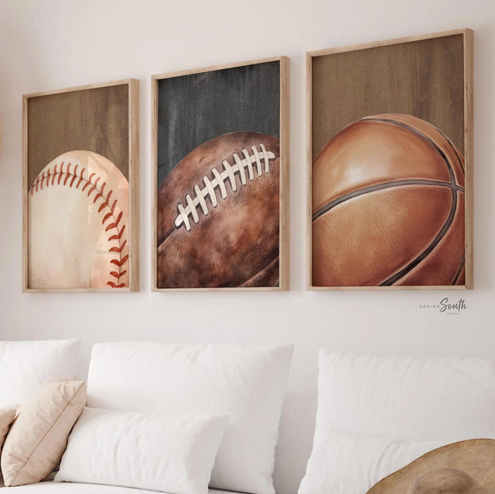 Boys Sports Nursery Prints – Baseball, Football & Basketball Wall Art for Bedroom Decor (Set of 3)