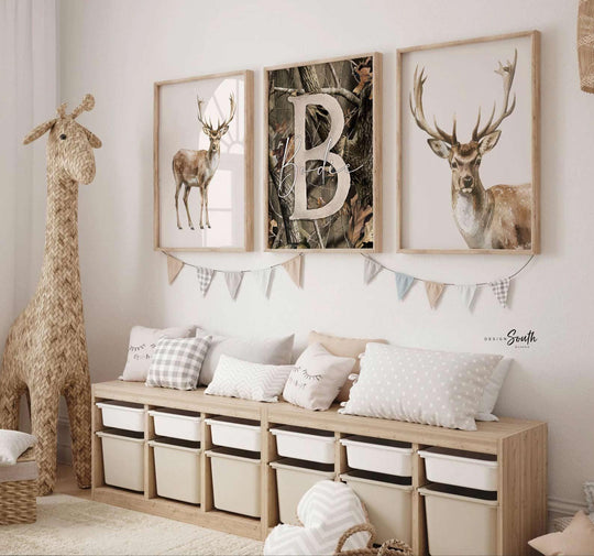 Hunting Theme Buck Deer Camo Wall Art Set of 3 – Custom Name Boy Bedroom Prints