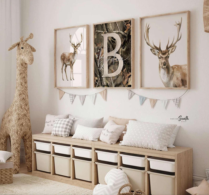 Buck Deer Camo Nursery Art - Personalized Boy Name Prints (Set of 3)