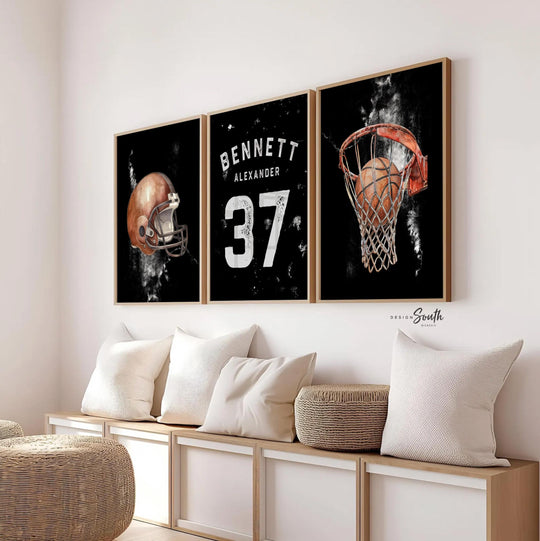 Personalized Sports Nursery Wall Art Set of 3 – Basketball Hoop, Football Helmet & Name Number Prints for Boys Baby Room