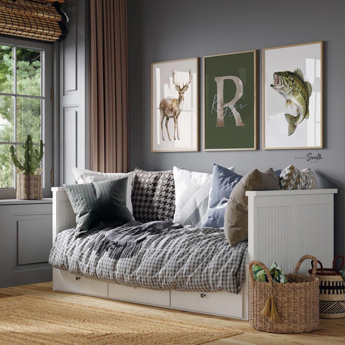 Personalized Nursery Prints – Buck Deer, Bass Fish, Name Initial Wall Art