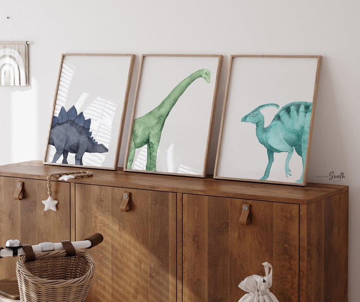 Watercolor Dinosaur Nursery Prints – Navy Teal Dino Wall Art Set (3 Prints)
