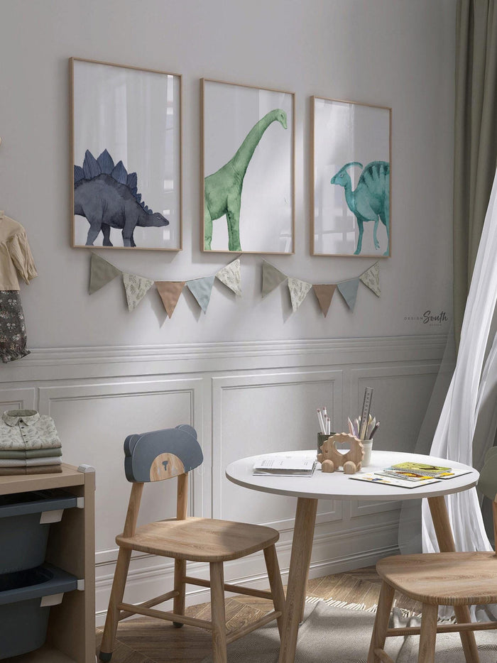 Watercolor Dinosaur Nursery Prints – Navy Teal Dino Wall Art Set (3 Prints)