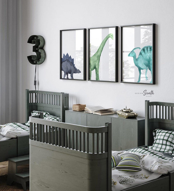 Watercolor Dinosaur Nursery Prints – Navy Teal Dino Wall Art Set (3 Prints)