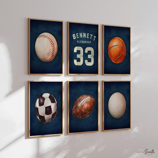 Personalized Sports Nursery Prints Set of 6, Boys Name & Number Wall Art, Soccer Golf Football Baseball Basketball Room Decor