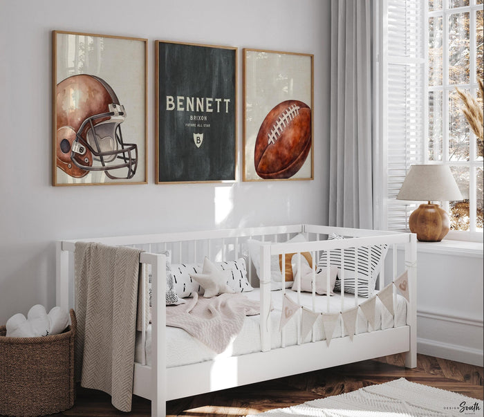 Personalized Watercolor Football Nursery Prints, Helmet, Name Decor (Set of 3)