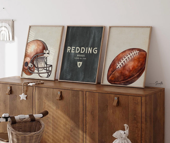 Personalized Watercolor Football Nursery Prints, Helmet, Name Decor (Set of 3)