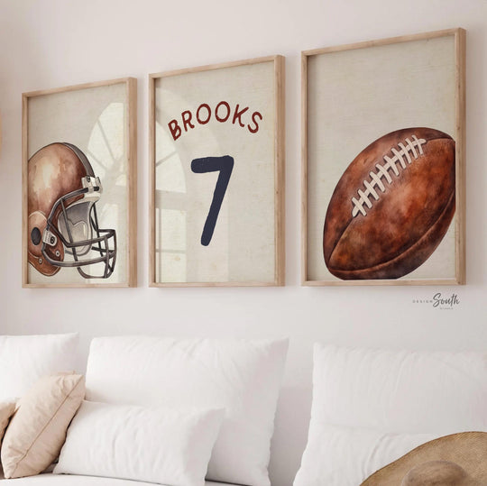 Vintage Football Nursery Wall Art Set of 3 – Personalized Name Prints, Rustic Watercolor Helmet & Ball, Boy Sports Decor, Birthday Gift Idea