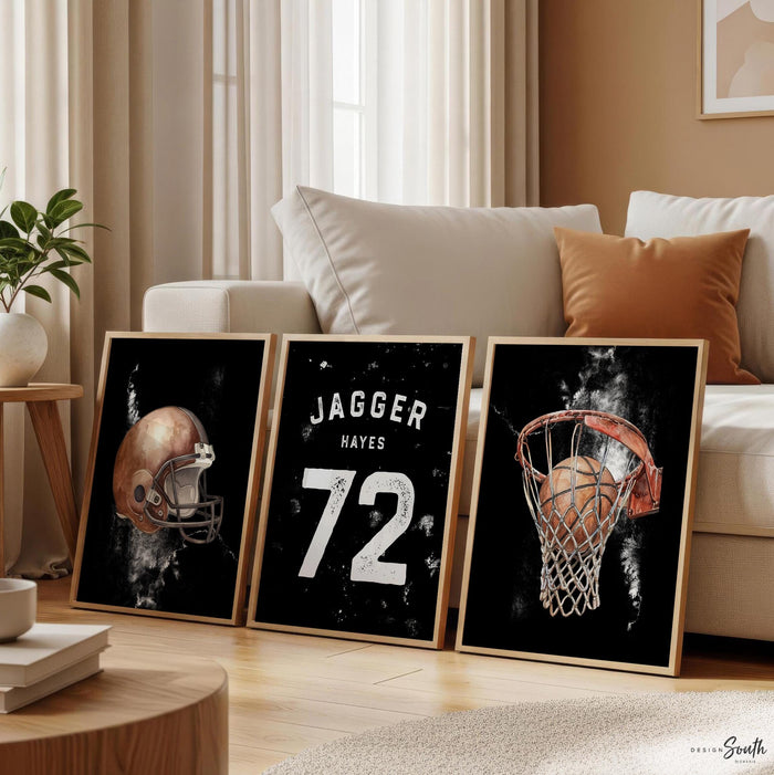 Personalized Sports Nursery Art – Football Helmet, Basketball Hoop Prints