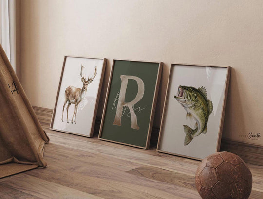 Personalized Hunting & Fishing Nursery Prints Set of 3 – Buck Deer Bass Fish Wall Art for Baby Boy with Name Initial