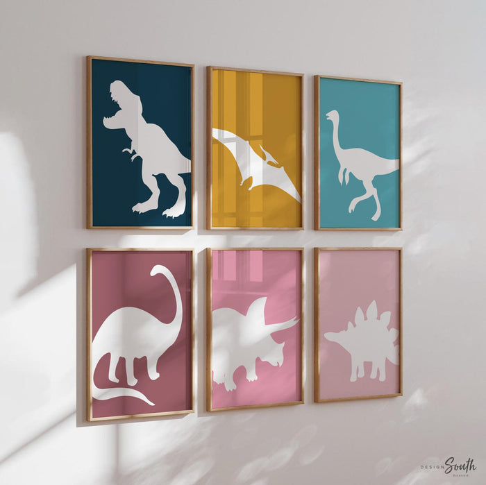 Dinosaur Nursery Wall Art Set, Teal Mauve Pink Navy Dino Prints, Kids Bedroom Decor