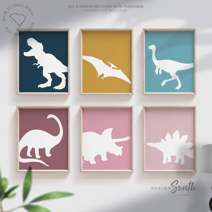 Dinosaur Nursery Wall Art Set, Teal Mauve Pink Navy Dino Prints, Kids Bedroom Decor