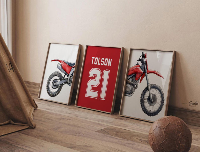 Red Dirt Bike Watercolor Art Prints, Personalized Name Number, Motocross Nursery Decor