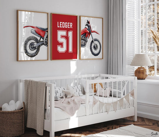 Red Dirt Bike Watercolor Art Prints, Personalized Name Number, Motocross Nursery Decor