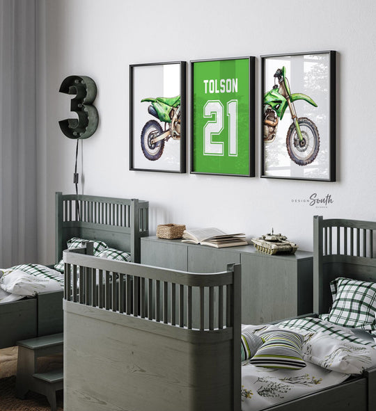 Green Dirt Bike Watercolor Art Prints, Personalized Name Number, Motocross Nursery Decor