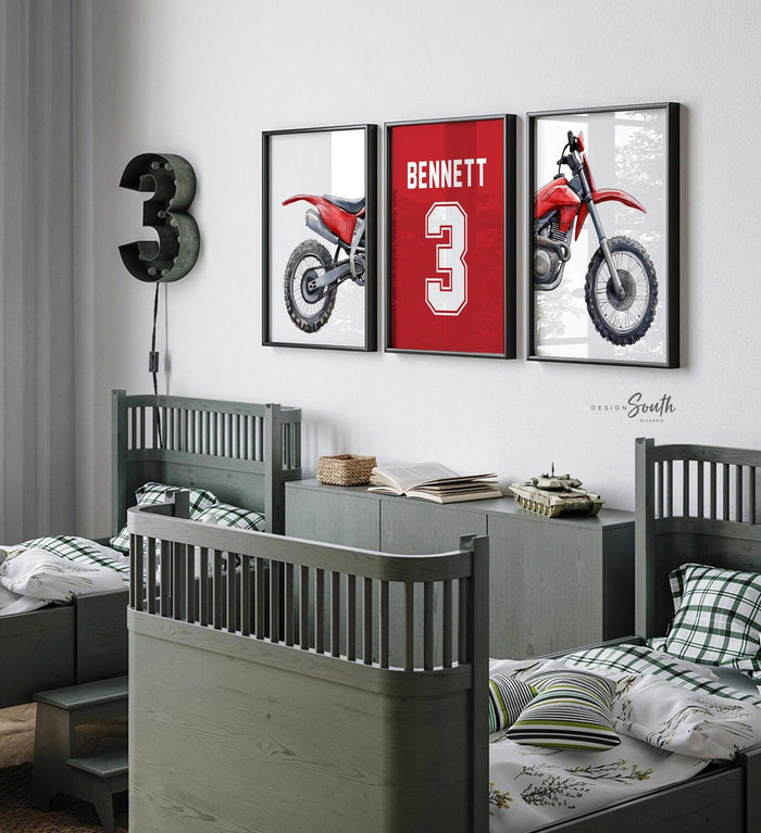 Green Dirt Bike Watercolor Art Prints, Personalized Name Number, Motocross Nursery Decor