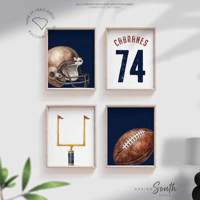 Football Nursery Wall Art Set 4, Personalized Name Number Prints, Navy Blue Sports Decor, Helmet Football Field Goal Art, Boy Toddler Room