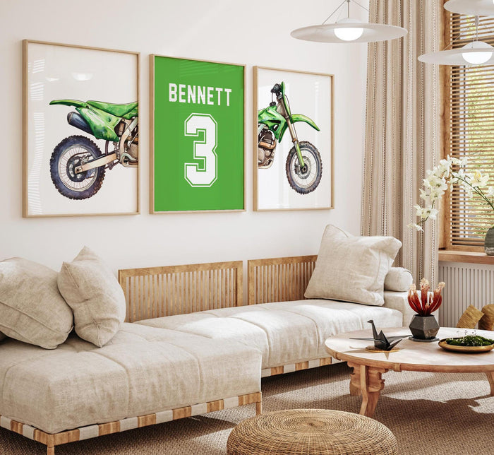 Orange Dirt Bike Watercolor Art Prints, Personalized Name Number, Motocross Nursery Decor