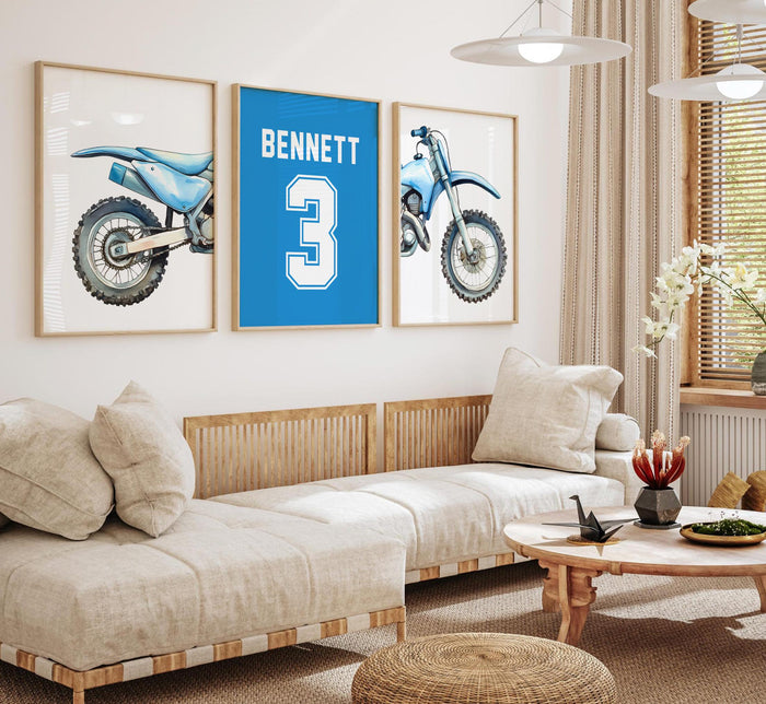 Blue Dirt Bike Watercolor Art Prints, Personalized Name Number, Motocross Nursery Decor