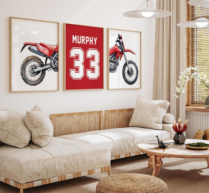 Green Dirt Bike Watercolor Art Prints, Personalized Name Number, Motocross Nursery Decor