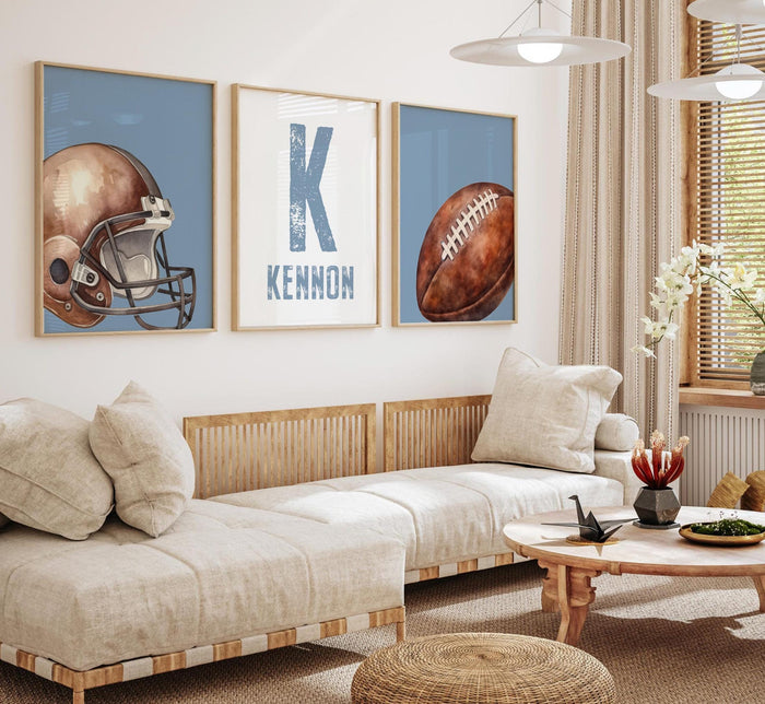 Football Nursery Wall Art Set of 3, Blue Football Helmet Name Initial Prints, Personalized Boy Room Decor, Baby Toddler Gift Idea