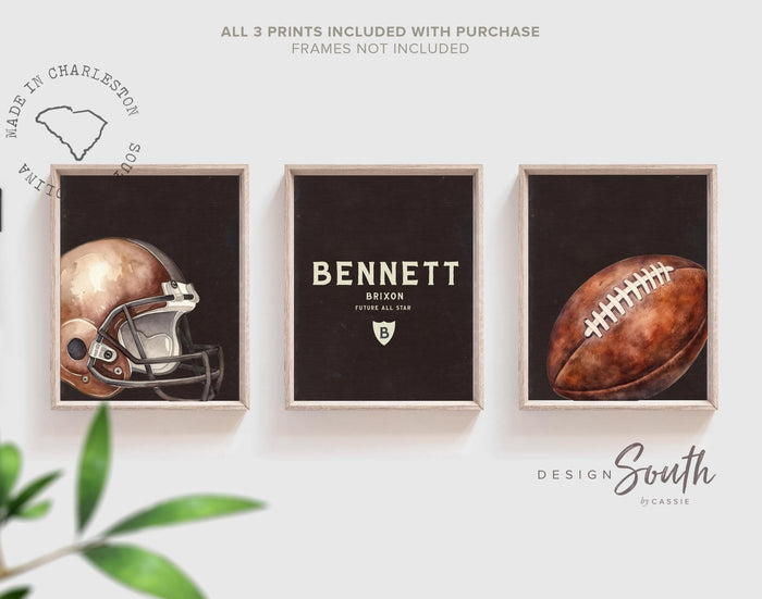 Football Nursery Wall Art Set of 3, Future All Star Print, Personalized Name Initial, Football Helmet Decor, Baby Boy Toddler Room Gift