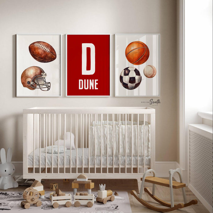 Sports Nursery Wall Art Set of 3, Red Sports Balls Prints, Football Soccer Baseball Basketball, Personalized Name, Boy Room Decor Gift
