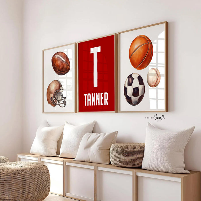 Sports Nursery Wall Art Set of 3, Green Sports Balls Prints, Football Soccer Baseball Basketball, Personalized Name, Boy Room Decor Gift
