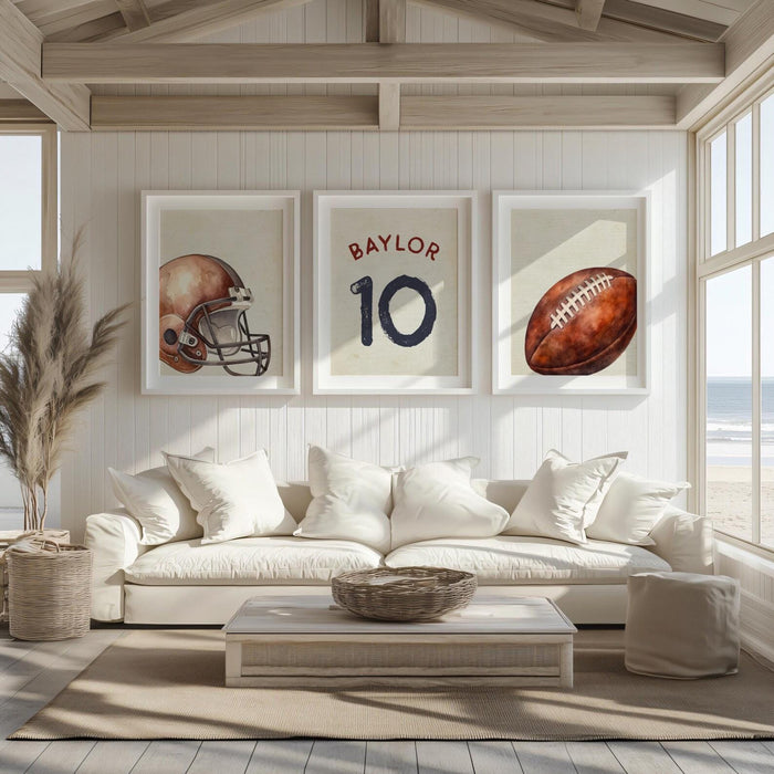 Vintage Football Nursery Art – Watercolor Helmet, Ball, Personalized Name Prints