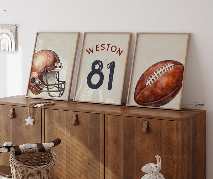 Vintage Football Nursery Art – Watercolor Helmet, Ball, Personalized Name Prints