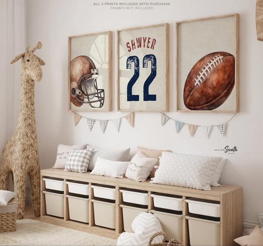 Rustic Football Nursery Prints Set of 3 – Custom Name Sports Wall Art, Vintage Watercolor Helmet & Ball, Boy Toddler Room Decor, Baby Gift