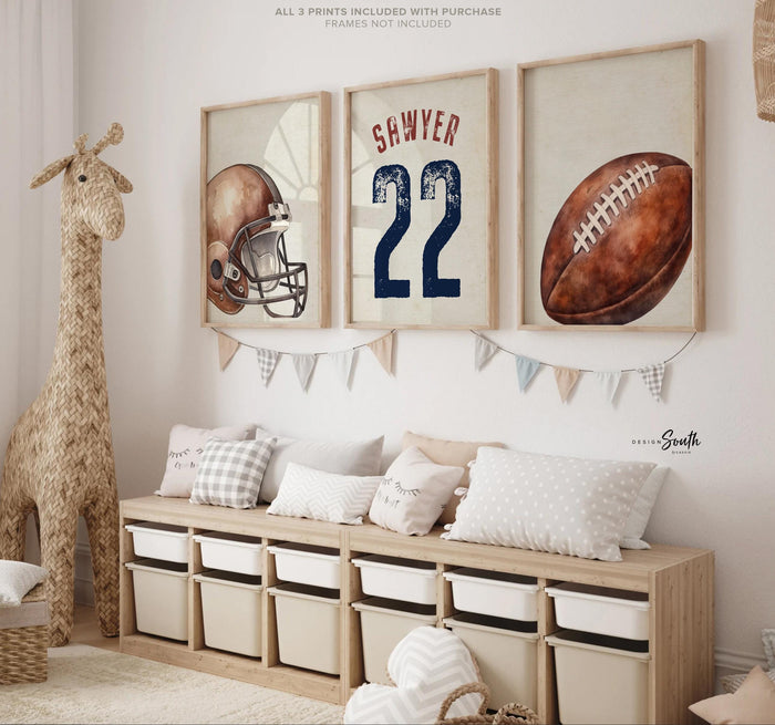 Vintage Watercolor Football Nursery Prints – Custom Name Helmet Ball (Set of 3)