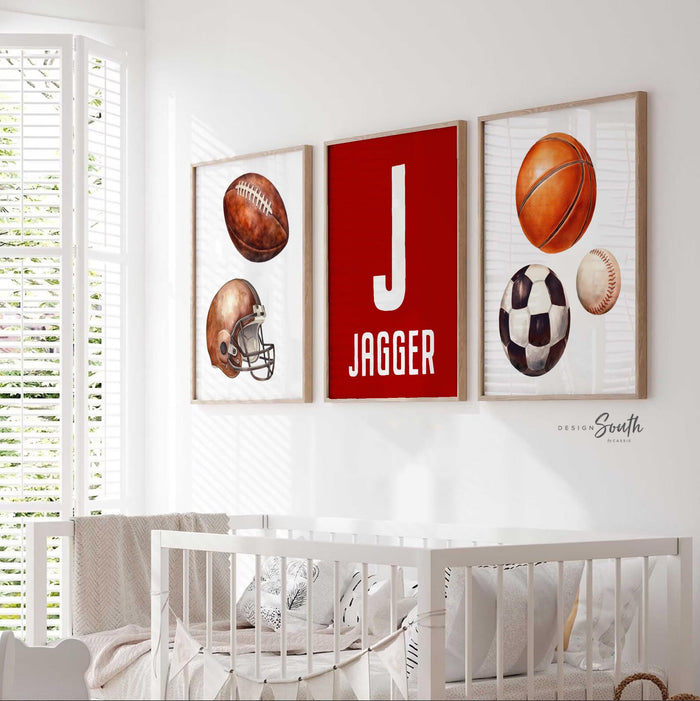 Sports Nursery Wall Art Set of 3, Red Sports Balls Prints, Football Soccer Baseball Basketball, Personalized Name, Boy Room Decor Gift