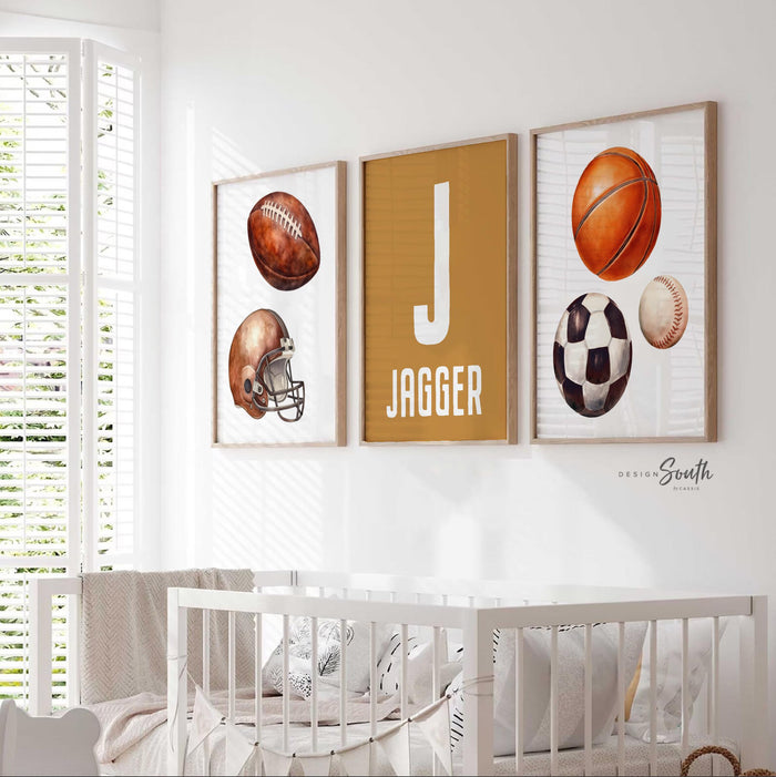 Ochre Yellow Sports Nursery Prints Set of 3, Football Soccer Baseball Basketball Wall Art, Personalized Boy Bedroom Decor Gift