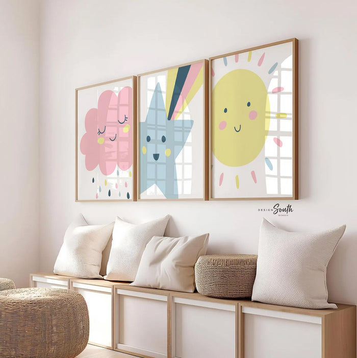 Trendy pastel nursery, shooting star wall art, nursery kids bedroom decor star cloud sun, neutral pastel newborn, sunshine nursery print set