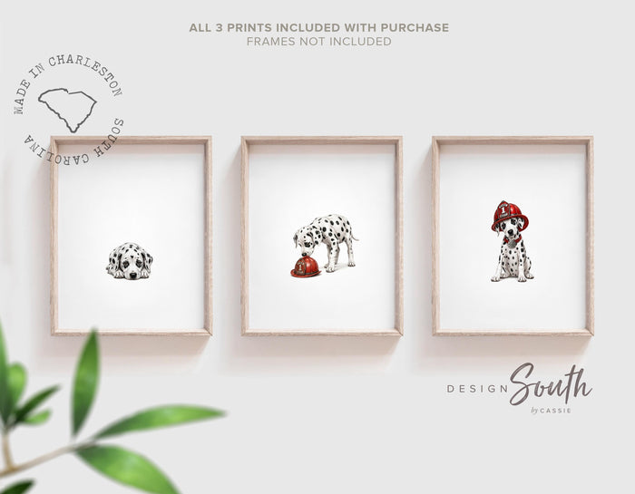 Dalmatian Firefighter Nursery Wall Art, Puppy Prints Red Fire Chief Hat, Fire Truck Fire Dept Theme, Personalized Name Baby Room Decor Gift