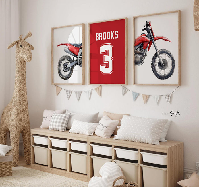 Red Dirt Bike Watercolor Art Prints, Personalized Name Number, Motocross Nursery Decor