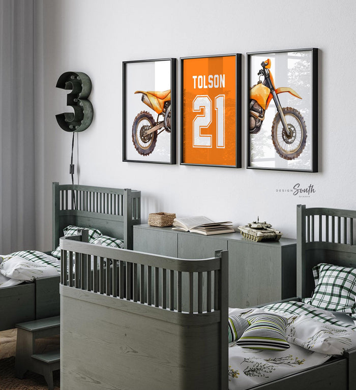 Orange Dirt Bike Watercolor Art Prints, Personalized Name Number, Motocross Nursery Decor