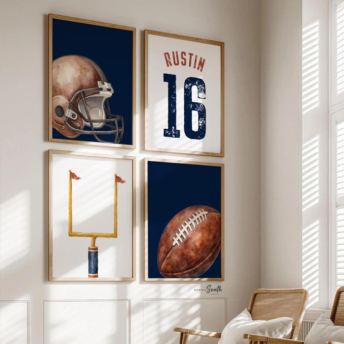 Football Nursery Wall Art Set 4, Personalized Name Number Prints, Navy Blue Sports Decor, Helmet Football Field Goal Art, Boy Toddler Room