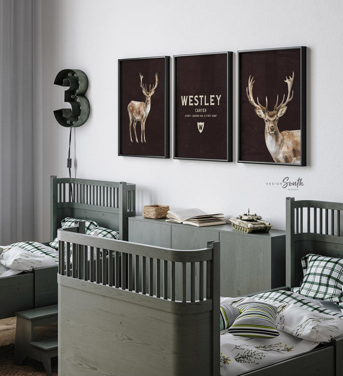 Deer Hunting Nursery Wall Art Set of 3, Watercolor Buck Deer Antler Prints, Personalized Name Initial, Every Legend Has a First Hunt