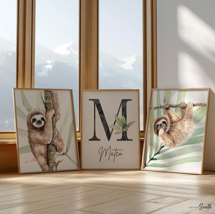 Sloth wall art set, sloth themed baby nursery, sloth nursery ideas, sloth tropical rainforest room decor, sloth boy monogram, toddler sloths
